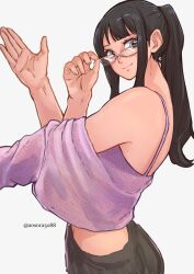 Rule 34 | 1girl, adjusting glasses, aosora2823, black hair, blue eyes, blush, clothing cutout, female focus, glasses, highres, looking at viewer, nico robin, one piece, ponytail, shoulder cutout, smile