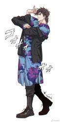 Rule 34 | 1boy, black footwear, black jacket, black pants, blue eyes, brown hair, buttons, carabiner, chinese commentary, chromatic aberration, closed mouth, collared shirt, commentary request, cosplay, cross-laced footwear, dated, full body, highres, jacket, jojo no kimyou na bouken, jojo pose, joseph joestar, joseph joestar (young), long shirt, long sleeves, male focus, multicolored clothes, multicolored shirt, off shoulder, pants, pocket, sashiyu, shirt, shoes, short hair, signature, simple background, smile, solo, sound effects, standing, sugita tomokazu, sugita tomokazu (cosplay), voice actor connection, watermark, white background