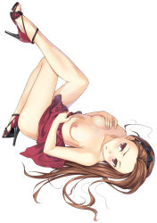 Rule 34 | 1girl, breasts, brown eyes, brown hair, cocktail dress, dress, full body, hairband, high heels, highres, idolmaster, idolmaster (classic), leg lift, looking at viewer, lying, minase iori, nipples, nude, on back, open shoes, parted bangs, pinup (style), shoes, simple background, small breasts, solo, tenkuu nozora, toeless footwear, toes, towel, white background