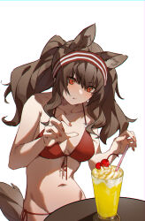 Rule 34 | 1girl, absurdres, angelina (arknights), animal ears, arknights, bikini, blush, breasts, brown hair, brown tail, chinese commentary, chromatic aberration, closed mouth, commentary request, cowboy shot, dayufuzhimeng, drinking straw, eyes visible through hair, fingernails, food, fruit, groin, hair between eyes, hairband, hands up, highres, long hair, medium breasts, navel, red bikini, red eyes, red hairband, simple background, solo, strawberry, swimsuit, tail, unfinished, white background, white hairband