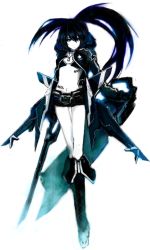 Rule 34 | 10s, 1girl, arm cannon, bad id, bad pixiv id, bikini, bikini top only, black hair, black rock shooter, black rock shooter (character), blue eyes, boots, coat, flat chest, full body, glowing, glowing eyes, jewelry, kirisawa saki, long hair, mecha, midriff, navel, necklace, pale skin, robot, scar, shorts, simple background, solo, stitches, swimsuit, tattoo, twintails, uneven twintails, very long hair, weapon