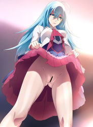 Rule 34 | 1girl, bar censor, blue eyes, blue hair, censored, cleft of venus, clothes lift, covered erect nipples, expressionless, female focus, gluteal fold, hair between eyes, matching hair/eyes, no panties, pussy, shoujo donburi, skirt, skirt lift, solo, vivy, vivy: fluorite eye&#039;s song