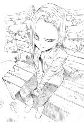 Rule 34 | 1girl, android 18, bench, boots, crosshatching, debris, dragon ball, dragonball z, eyeliner, foreshortening, from above, full body, graphite (medium), greyscale, hatching (texture), makeup, monochrome, natsushima memo, pantyhose, sitting, solo, traditional media, vest