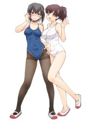 Rule 34 | 10s, 2girls, adjusting eyewear, black choker, black eyes, black hair, black legwear, blue one-piece swimsuit, bow choker, breasts, brown eyes, brown hair, choker, closed mouth, commentary request, competition school swimsuit, frown, full body, girls und panzer, hand in own hair, hand on another&#039;s shoulder, hand on own hip, kawashima momo, koyama yuzu, looking at viewer, medium breasts, monocle, multiple girls, one-piece swimsuit, open mouth, pantyhose, pantyhose under swimsuit, school swimsuit, semi-rimless eyewear, shoes, short hair, short ponytail, simple background, smile, standing, standing on one leg, swimsuit, thighband pantyhose, under-rim eyewear, uona telepin, uwabaki, waving, white background, white footwear, white one-piece swimsuit, white school swimsuit