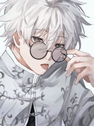 Rule 34 | 1boy, absurdres, adjusting eyewear, blue lock, chinese clothes, commentary, fuyutsuki, grey eyes, hair between eyes, highres, looking at viewer, male focus, nagi seishirou, round eyewear, short hair, simple background, solo, tongue, tongue out, upper body, white background, white hair