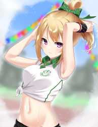 Rule 34 | 1girl, absurdres, armpits, arms behind head, arms up, bare shoulders, black choker, black shorts, blonde hair, blurry, blurry background, blush, bow, breasts, chloe (princess connect!), chloe (school festival) (princess connect!), choker, collared shirt, commentary request, cowboy shot, green bow, groin, gym uniform, hair between eyes, hare (artist), high ponytail, highres, long hair, looking at viewer, medium breasts, midriff, navel, official alternate costume, parted lips, plaid, plaid bow, pointy ears, princess connect!, purple eyes, shirt, shorts, sidelocks, sleeves rolled up, solo, standing, sweat, tied shirt, white shirt, wristband