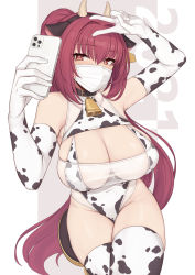 Rule 34 | 1girl, 2021, animal ears, animal print, bell, breasts, cellphone, collar, cow ears, cow horns, cow print, elbow gloves, evan yang, fake animal ears, fate/grand order, fate (series), gloves, hair between eyes, hairband, highleg, highleg leotard, highres, horns, large breasts, leotard, long hair, looking at viewer, mask, mouth mask, neck bell, phone, ponytail, purple hair, red eyes, scathach (fate), selfie, simple background, solo, surgical mask, thighhighs, thighs, v, white gloves, white leotard, white thighhighs