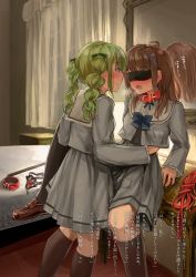 Rule 34 | 2girls, ball gag, bed, blindfold, blonde hair, blush, bow, brown hair, collar, crest, curtains, femdom, gag, hair ornament, heavy breathing, loafers, mirror, multiple girls, neckerchief, open mouth, original, red rope, restrained, ribbon, ringocha (appleteatea), rope, school uniform, shoes, skirt, table, translation request, twintails, window, x hair ornament, yuri