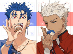 Rule 34 | 2boys, archer (fate), blue hair, cropped shoulders, cu chulainn (caster) (fate), cu chulainn (fate), cu chulainn (fate/stay night), cu chulainn (second ascension) (fate), dark-skinned male, dark skin, earrings, fate/grand order, fate/stay night, fate (series), g0ringo, grey eyes, jewelry, kiss, male focus, multiple boys, muscular, official alternate costume, open mouth, pectorals, red eyes, short hair, stuffed toy, upper body, white hair