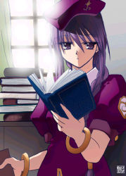 Rule 34 | 00s, 1girl, book, book stack, bracelet, jewelry, lowres, melty blood, open book, purple eyes, purple hair, sion eltnam atlasia, solo, tsukihime