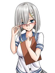Rule 34 | 10s, 1girl, black skirt, blue eyes, breasts, closed mouth, commentary request, eyebrows, eyes visible through hair, glasses, hair between eyes, hair ornament, hair over one eye, hairclip, hamakaze (kancolle), highres, jewelry, kantai collection, large breasts, looking at viewer, notepad, ring, school uniform, serafuku, shirt, short hair, short sleeves, silver hair, simple background, skirt, smile, solo, tachi (mtd), wedding band, white background, white shirt