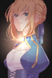 Rule 34 | 1girl, ahoge, artoria pendragon (all), artoria pendragon (fate), black background, blonde hair, blue ribbon, braid, crown braid, dress, fate/stay night, fate (series), french braid, green eyes, highres, looking at viewer, parted lips, ribbon, roku (ntbr fate), saber (fate), solo