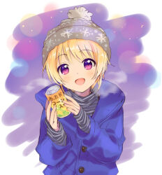 Rule 34 | 1boy, can, coat, fingernails, hat, holding, holding can, idolmaster, idolmaster side-m, looking at viewer, male focus, open mouth, pierre bichelberger, purple eyes, smile, solo, toumeitou