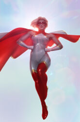 Rule 34 | 1girl, absurdres, backlighting, blonde hair, blue eyes, bodysuit, boots, breasts, cape, clenched hands, comic cover, commentary, cover image, domino mask, english commentary, floating cape, floating hair, full body, gloves, highres, jee-hyung lee, large breasts, looking at viewer, marvel, mask, official art, pinup (style), realistic, red cape, red footwear, ripley ryan, shoes, short hair, sleeveless, sleeveless bodysuit, smile, solo, star (marvel), sunlight, superhero costume, thigh boots, two-tone cape, white cape, white gloves