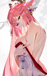 Rule 34 | 1girl, animal ears, back, bare shoulders, branch, breasts, cherry blossoms, commentary request, earrings, floppy ears, floral print, fox ears, genshin impact, hair between eyes, half-closed eyes, head tilt, headpiece, japanese clothes, jewelry, large breasts, long hair, looking at viewer, off shoulder, parted lips, pink hair, purple eyes, scottie (phantom2), sideboob, simple background, solo, very long hair, yae miko