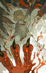 Rule 34 | 1girl, :o, arm up, blonde hair, blood, blood on clothes, blood on face, blood spray, brown shirt, claws, collared shirt, dungeon meshi, falin touden, falin touden (chimera), feathered wings, feathers, glowing, glowing eyes, highres, looking at viewer, monster girl, open mouth, shirt, short hair, solo, taur, wide-eyed, wings, wo yao chifan, yellow eyes
