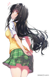 Rule 34 | 1girl, arms behind back, breasts, brown eyes, closed mouth, commentary request, from behind, green skirt, hong (white spider), kotegawa yui, looking at viewer, looking back, medium breasts, plaid, plaid skirt, school uniform, short sleeves, simple background, skirt, solo, sweater vest, thighs, to love-ru, white background, yellow sweater vest