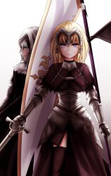 Rule 34 | 2girls, armor, armored dress, bad id, bad pixiv id, baku (8079384), blonde hair, cape, dual persona, fate/apocrypha, fate/grand order, fate (series), fur-trimmed cape, fur trim, headpiece, highres, jeanne d&#039;arc (fate), jeanne d&#039;arc (ruler) (fate), jeanne d&#039;arc alter (avenger) (fate), jeanne d&#039;arc alter (fate), long hair, multiple girls, purple eyes, short hair, side slit, sketch, standard bearer, sword, thighhighs, thighs, weapon, white background, yellow eyes