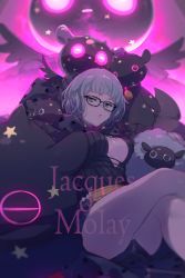 Rule 34 | 1girl, belt, black dress, black jacket, blue eyes, breasts, cleavage, cropped jacket, dress, echo (circa), fate/grand order, fate (series), glasses, grey hair, hood, hooded jacket, jacket, jacques de molay (foreigner) (fate), lamb, large breasts, long sleeves, looking at viewer, open clothes, open jacket, sheep, short dress, short hair, thighs