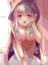Rule 34 | 1girl, armlet, bare shoulders, bikini, blush, breasts, canary999, chocolate heaven (fate/grand order), cleavage, cloak, collarbone, earrings, fate/grand order, fate (series), hair ribbon, hand in own hair, highres, hood, hood up, hooded cloak, horned hood, horns, jewelry, kama (chocolate heaven) (fate), kama (fate), large breasts, long hair, looking at viewer, necklace, open mouth, pink bikini, ribbon, silver hair, star (sky), swimsuit, thighhighs, thighs, white thighhighs