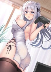Rule 34 | 1girl, absurdres, ass, black panties, black thighhighs, blue eyes, blush, breasts, ceiling, china dress, chinese clothes, commentary request, controller, curvy, double bun, dress, game controller, grey dress, grey hair, hair between eyes, hair bun, hair ribbon, hanonokusa, highres, holding, holding controller, holding game controller, index finger raised, indoors, large breasts, long hair, open mouth, original, panties, ribbon, side-tie panties, sideboob, solo, television, thick thighs, thighhighs, thighs, tight clothes, tight dress, twisted torso, underwear, window