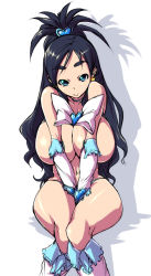Rule 34 | 00s, 1girl, aged up, bad id, bad pixiv id, black hair, blue eyes, boots, bow, breasts, breasts squeezed together, brooch, cure white, earrings, elbow gloves, futari wa precure, gloves, half updo, heart, heart brooch, huge breasts, jewelry, knee boots, long hair, magical girl, nekomamire, precure, sitting, solo, v arms, white footwear, yukishiro honoka