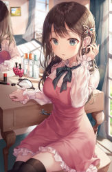 Rule 34 | 1girl, black thighhighs, blue eyes, blurry, bottle, bow, bowtie, breasts, brown hair, cosmetics, curtains, depth of field, dress, earrings, hair ornament, hand mirror, hand up, highres, jewelry, light rays, lipstick tube, long hair, long sleeves, looking at viewer, medium breasts, mirror, nail polish, original, parted lips, perfume bottle, picture frame, pink dress, r o ha, reflection, ring, sidelocks, sitting, solo, sunbeam, sunlight, thighhighs, wedding band, window shadow, zettai ryouiki