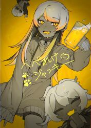 Rule 34 | 1girl, absurdres, alcohol, alternate hairstyle, arm up, beer, beer bottle, beer mug, chibi, chibi inset, choker, commentary, cup, drooling, dutch angle, earrings, fang, feet out of frame, greyscale, half-closed eyes, hand up, highres, holding, holding cup, hood, hoodie, jewelry, long hair, long sleeves, looking at viewer, melissa kinrenka, monochrome, mug, nijisanji, paw print, short hair, shorts, sidelocks, sitting, skin fang, sleeves past wrists, slit pupils, song name, stud earrings, swept bangs, tears, toufu (tofu prprpr), twintails, vhs artifacts, virtual youtuber, wariza, wavy eyes, yellow theme