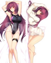 Rule 34 | 1girl, armlet, bare shoulders, bed sheet, blush, breasts, closed mouth, competition swimsuit, dakimakura (medium), embarrassed, fate/grand order, fate (series), from above, full body, gluteal fold, groin, halcon, kunai, large breasts, legs, long hair, looking at viewer, lying, multiple views, naked sweater, on back, one-piece swimsuit, purple hair, red eyes, ribbed sweater, sample watermark, scathach (fate), shiny skin, simple background, skindentation, sweater, swimsuit, thigh gap, thigh strap, thighs, turtleneck, turtleneck sweater, very long hair, watermark, weapon, white background, white sweater