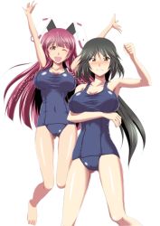 Rule 34 | 2girls, :d, absurdres, angry, animal ears, armpits, barefoot, black hair, blue one-piece swimsuit, blush, braid, breast hold, breasts, brown eyes, cleavage, clenched hand, clenched teeth, embarrassed, full body, gluteal fold, hair between eyes, highres, infinite stratos, jumping, kuroda ariake, large breasts, long hair, multiple girls, old school swimsuit, one-piece swimsuit, one eye closed, open mouth, orimura chifuyu, purple eyes, purple hair, rabbit ears, school swimsuit, shinonono tabane, simple background, smile, sweatdrop, swimsuit, teeth, tree, twin braids, very long hair, white background
