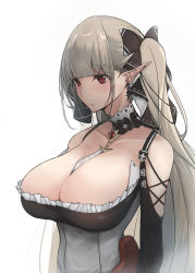Rule 34 | 1girl, absurdres, azur lane, bare shoulders, between breasts, black dress, blush, breasts, cleavage, collarbone, commentary request, detached sleeves, dress, earrings, formidable (azur lane), frilled dress, frills, highres, jewelry, large breasts, long hair, parted lips, platinum blonde hair, pointy ears, red eyes, ribbon, twintails, two-tone dress, two-tone ribbon, upper body, very long hair, yusha m