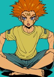 Rule 34 | 1boy, absurdres, annoyed, barefoot, blue background, blue eyes, blue shorts, crossed legs, crow hogan, facial mark, facial tattoo, facing viewer, flat color, forehead mark, hands on own knees, highres, leaning forward, male focus, marking on cheek, open mouth, orange hair, shirt, shorts, simple background, solo, spiked hair, t-shirt, tattoo, thick eyebrows, yellow shirt, youko-shima, yu-gi-oh!, yu-gi-oh! 5d&#039;s