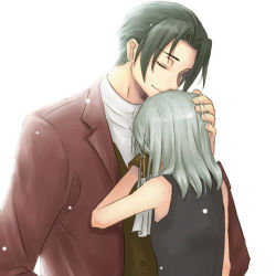 Rule 34 | 1boy, 1girl, ace attorney, ace attorney investigations, ace attorney investigations: miles edgeworth, aged down, ascot, brown hair, capcom, closed eyes, comforting, formal, franziska von karma, hand on another&#039;s head, head on chest, lowres, manly, miles edgeworth, miniyu, silver hair, simple background, smile, suit, tuxedo, white background
