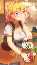 Rule 34 | 1girl, absurdres, ahoge, blonde hair, blue eyes, blurry, blurry background, blush, breasts, cleavage, closed mouth, collarbone, crossed bangs, crossed legs, cup, drinking straw, ear blush, earrings, eyelashes, food, fruit, glint, hand up, head rest, highres, holding, holding cup, indoors, jewelry, kanojo okarishimasu, light smile, lime (fruit), lime slice, looking at viewer, medium breasts, nanami mami, plate, shirt, short hair, short sleeves, sitting, skirt, solo, stud earrings, sweat, tokiki (tomok1), white shirt, yellow skirt