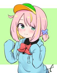 Rule 34 | 1girl, black shirt, blonde hair, blue hoodie, bow, butterfly hair ornament, collared shirt, commentary request, drawstring, green eyes, hair ornament, hat, hood, hood down, hoodie, kujou karasuma, long sleeves, looking at viewer, multicolored hair, original, pink hair, red bow, shirt, signature, sleeves past fingers, sleeves past wrists, solo, streaked hair, two-tone hair, upper body, visor cap, yellow hat