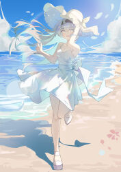 Rule 34 | 1girl, absurdres, arm up, beach, bow, chinese commentary, cloud, commentary request, dress, firefly (honkai: star rail), floating hair, full body, highres, honkai: star rail, honkai (series), hua (yijing), long hair, looking at viewer, ocean, outdoors, sash, shoes, solo, summer, sundress, waist bow, white bow, white dress, white eyes, white footwear, white hair, white sash