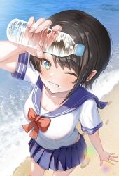 Rule 34 | 1girl, absurdres, alternate costume, arm at side, arm up, beach, black hair, blue eyes, blue sailor collar, blue skirt, blush, bottle, bow, bowtie, breasts, commentary request, day, fingernails, footprints, grin, highres, holding, holding bottle, hololive, lens flare, long fingernails, looking at viewer, medium breasts, ocean, one eye closed, oozora subaru, outdoors, plastic bottle, pleated skirt, red bow, red bowtie, sailor collar, school uniform, serafuku, shirt, shore, short hair, short sleeves, skirt, smile, solo, standing, torakichi 888, virtual youtuber, water, water bottle, white shirt