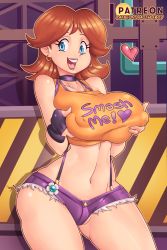 Rule 34 | 1girl, absurdres, ass, black gloves, blue eyes, blush, breasts, brown hair, choker, ear piercing, earrings, covered erect nipples, fingerless gloves, gloves, heart, highres, jewelry, large breasts, lips, mario (series), nauth, navel, nintendo, orange shirt, partially visible vulva, piercing, princess daisy, purple shorts, shirt, short hair, short shorts, shorts, smile, super mario land, super smash bros., tank top, teeth, thick thighs, thighs, tongue