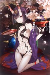 Rule 34 | 1girl, alcohol, anklet, barefoot, barefoot sandals (jewelry), blush, breasts, commentary request, cup, fate/grand order, fate (series), food, fruit, full body, grapes, horns, japanese clothes, jewelry, kimono, kneeling, looking at viewer, navel, oni, orange (fruit), pale skin, purple eyes, purple hair, revealing clothes, sakazuki, sake, short hair, shuten douji (fate), shuten douji (first ascension) (fate), skin-covered horns, small breasts, smile, solo, untue