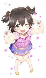 Rule 34 | 1girl, absurdres, akagi miria, arms up, bare shoulders, blush, brown hair, double v, hair ornament, highres, idolmaster, idolmaster cinderella girls, igo miku, looking at viewer, multiple girls, one eye closed, open mouth, purple shirt, sandals, shirt, short hair, skirt, smile, standing, star (symbol), tank top, two side up, v, white background