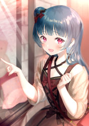 Rule 34 | 1girl, :d, blue hair, brown dress, brown jacket, brown nails, commentary request, dress, fang, hair bun, hands up, highres, jacket, long hair, love live!, love live! sunshine!!, nail polish, off shoulder, open mouth, pointing, red eyes, segawa luna, short sleeves, side bun, single hair bun, single side bun, sleeveless, sleeveless dress, smile, solo, tsushima yoshiko, window