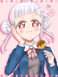 Rule 34 | 1girl, ;p, arashi chisato, artist name, artist request, blue cardigan, blue jacket, blush, bow, bowtie, breasts, buttons, cardigan, close-up, collared shirt, cropped jacket, double bun, dress, dress shirt, female focus, food, grey shirt, hair bun, hair tie, hand on own cheek, hand on own face, highres, holding, holding food, jacket, long hair, long sleeves, looking at viewer, love live!, love live! superstar!!, neck ribbon, one eye closed, parted lips, pink background, pink eyes, red bow, red eyes, red ribbon, ribbon, school uniform, shirt, small breasts, smile, solo, sparkle-shaped pupils, takoyaki, tongue, tongue out, twintails, upper body, white hair, white shirt, wing collar, yuigaoka school uniform