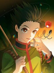 Rule 34 | 1boy, black hair, brown eyes, child, drop shadow, fishing rod, gon freecss, green jacket, highres, holding, hook, hunter x hunter, jacket, looking at viewer, male focus, open mouth, ppttppff, scratching cheek, shadow, short hair, smile, solo, spiked hair, upper body