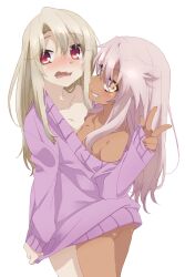 Rule 34 | 2girls, ass, bare shoulders, blonde hair, blush, breasts, chloe von einzbern, collarbone, commentary request, dark-skinned female, dark skin, dot nose, embarrassed, fate/kaleid liner prisma illya, fate (series), flat chest, grin, hair between eyes, hair over breasts, illyasviel von einzbern, long hair, long sleeves, looking at viewer, multiple girls, naked sweater, nude, off shoulder, official art, open mouth, pink hair, red eyes, shared clothes, simple background, small breasts, smile, standing, sweater, teeth, v, wavy mouth, white background, yellow eyes, yuri