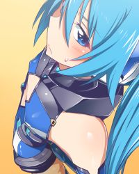 Rule 34 | 1girl, armor, bare shoulders, blue eyes, blue hair, blush, covered erect nipples, elbow gloves, flat chest, from above, from side, gloves, hair between eyes, leotard, long hair, looking at viewer, looking to the side, matching hair/eyes, ore twintail ni narimasu, simple background, solo, tailblue, tsube aika, twintails, very long hair, yellow background, yuto (dialique)