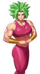 Rule 34 | 1girl, breasts, dragon ball, earrings, fusion, green hair, highres, jewelry, kefla (dragon ball), muscular, muscular female, potara earrings, potara fusion, saiyan, simple background, solo, white background