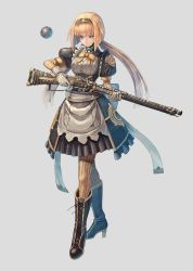 Rule 34 | 1girl, apron, black footwear, blonde hair, blue eyes, boots, breasts, cross-laced footwear, full body, gloves, grey background, gun, hairband, high heel boots, high heels, highres, holding, holding gun, holding weapon, knee boots, kuroi susumu, looking at viewer, maid apron, medium breasts, official art, orb, pantyhose, puffy sleeves, simple background, solo, standing, striped clothes, striped pantyhose, sword world, sword world 2.5, twintails, weapon, white gloves, wrist cuffs, yellow pantyhose