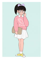Rule 34 | 1girl, aqua background, aragon honnin, black hair, border, bow, carrot, english text, full body, glasses, hair bow, long sleeves, looking at viewer, medium hair, original, pink sweater, ponytail, print sweater, purple bow, shoes, simple background, skirt, socks, solo, standing, sweater, white border, white skirt, yellow footwear