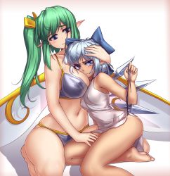 Rule 34 | 2girls, aged up, alternate breast size, areola slip, barefoot, bikini, blue bow, blue eyes, blue hair, bow, breast pillow, breast smother, breasts, cirno, cleavage, commentary, covered erect nipples, daiyousei, dark-skinned female, dark skin, face to breasts, fairy wings, female focus, green hair, hair bow, hair ribbon, hater (hatater), highres, ice, ice wings, large breasts, long hair, medium breasts, multiple girls, navel, panties, pointy ears, ribbon, short hair, side-tie panties, side ponytail, simple background, sleeveless, smile, swimsuit, tan, tank top, tanned cirno, thighs, touhou, underwear, untied panties, wings, yuri