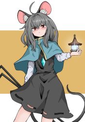 Rule 34 | 1girl, ahoge, alternate hair length, alternate hairstyle, animal ear fluff, animal ears, bishamonten&#039;s pagoda, blue capelet, capelet, closed mouth, cowboy shot, dowsing rod, dress, fe (tetsu), grey dress, grey hair, highres, jewelry, long sleeves, looking at viewer, medium hair, mouse ears, mouse girl, mouse tail, multicolored background, nazrin, pendant, red eyes, simple background, solo, standing, tail, touhou, two-tone background, yellow background